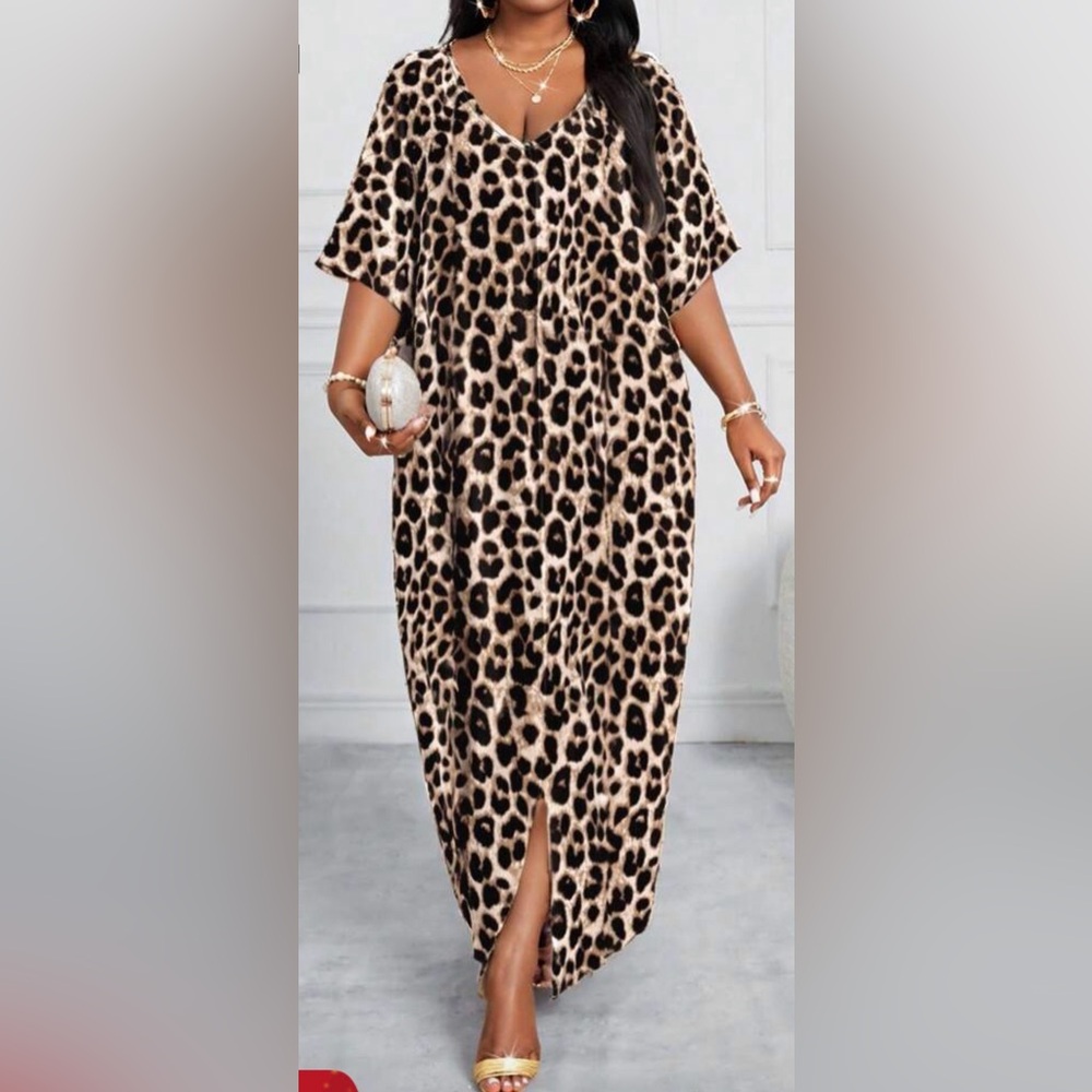 SHEIN Beige and Black Leopard Print V-Neck Maxi Dress